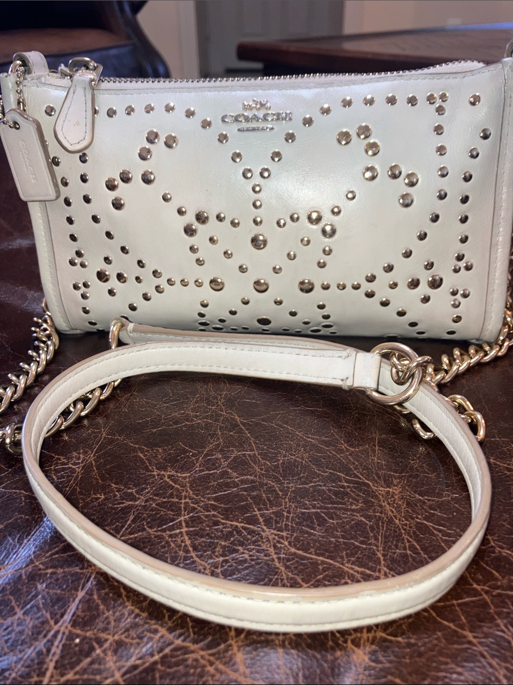 Coach Kylie Mini Stud Cream Leather/Gold Studded chain w/leather crossbody strap